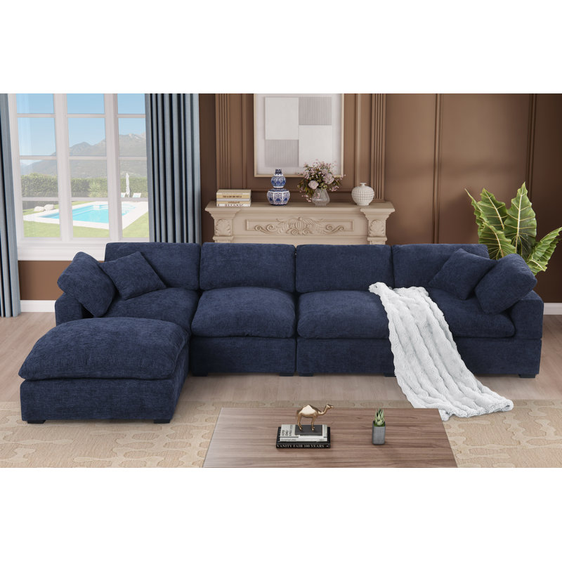 Weikko 143.2" Wide Upholstered Chaise Sectional, Dark Blue