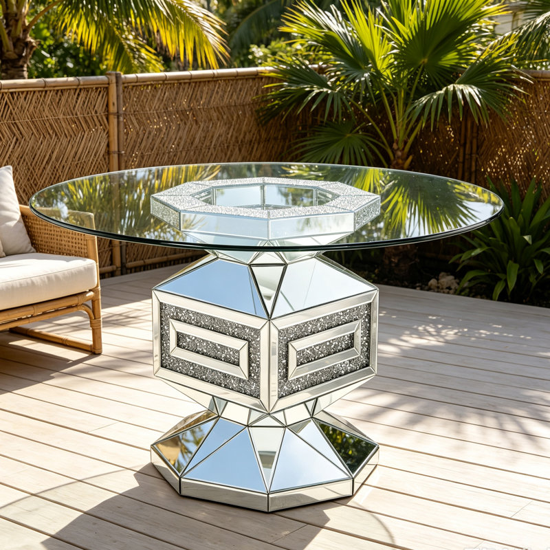 Table de salle à manger Noralie 132 cm – Plateau en verre transparent, piètement en miroir à facettes en forme de diamant et incrustations de faux diamants – Pièce maîtresse moderne et luxueuse pour votre salle à manger
