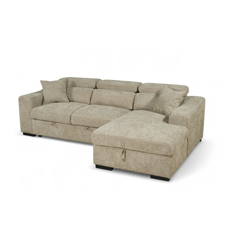 4 Seater Sofa Bed, Right Hand Facing, Beige Polyester