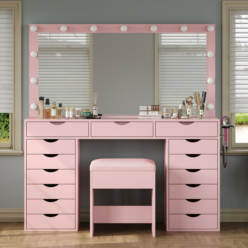 15 Drawers Vanity Desk with Power Outlet, Makeup Vanity with Mirror and 13 LED Lights, 3 Color Lighting Modes, Brightness Adjustable, Glass Top Vanity Set