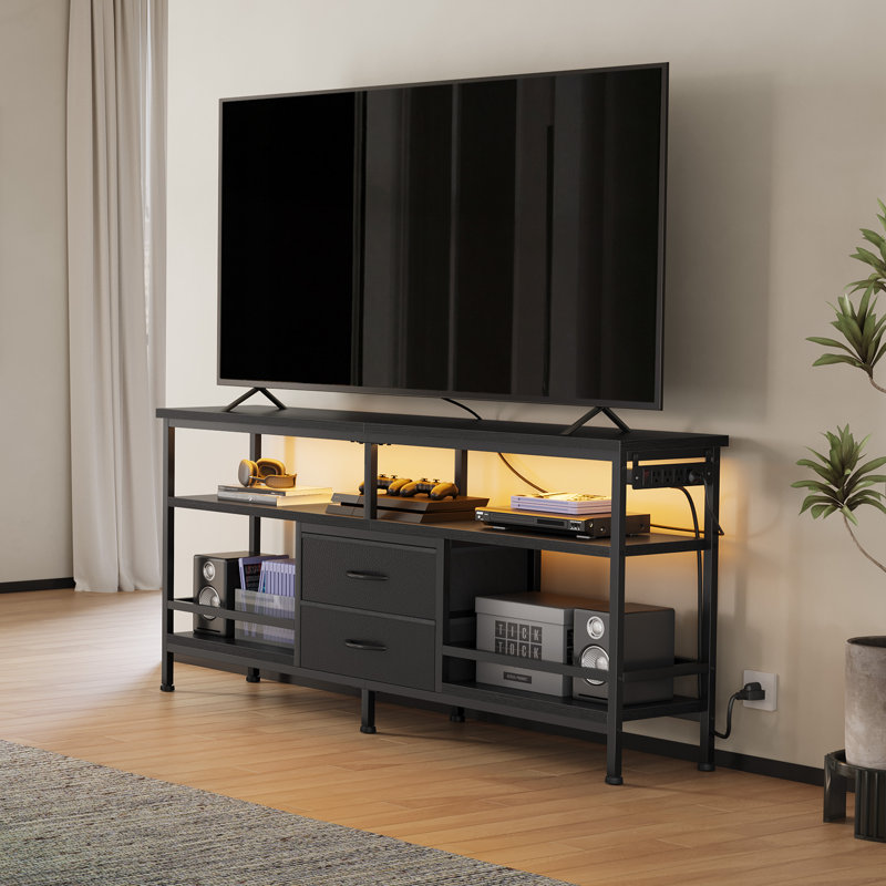 55" TV Stand with Charging Station and Led Lights for TVs up to 65", Black, 55.1"W x 11.8"H x 23.6"D