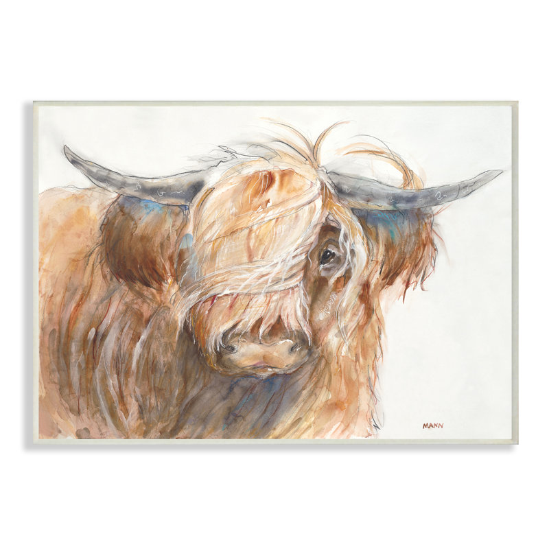 «Brown Horned Bull with Wind Swept Long Hair», reproduction d'impression, H 10 po x l 15 po x P 0,5 po, Plaque murale