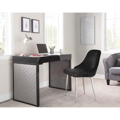 Bureau rembourré en acier noir, bois noir et velours argenté