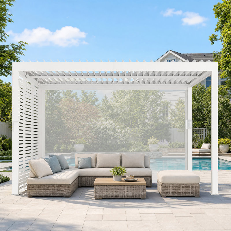 Aurora X 12 pi Pergola à persiennes avec double couche réglable, système de gouttière intégrée et prise de courant USB, écran de grille horizontal extérieur et écran à enroulement