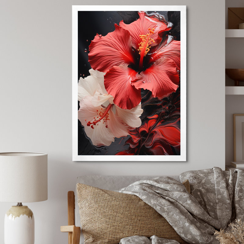 Fleurs de marguerite rouge II - décoration murale florale, H 32 po x l 24 po x P 1 po, Cadre photo blanc