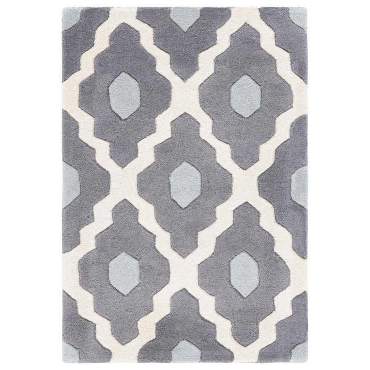 Tapis gris foncé / ivoire / vert en laine touffeté à la main à motif géométrique Carolene