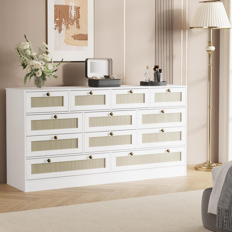 12 Drawer Wood Dresser for Bedroom, 61" Wide Storage Cabinet TV Stand for 65" TV, Chest for Living Room, White