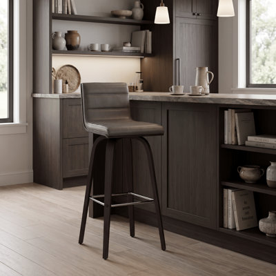 Aluin Mid-century Modern Swivel Counter or Bar Height Bar Stool in Faux Leather and Wood