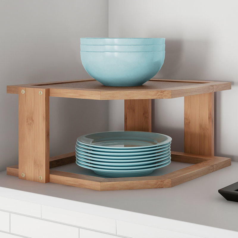 Lavish Home 2-Tier Bamboo Corner Shelf – Set of Two Natural Wood and Cork Storage Shelves for Pantry, Bathroom, Countertop, or Kitchen Organization