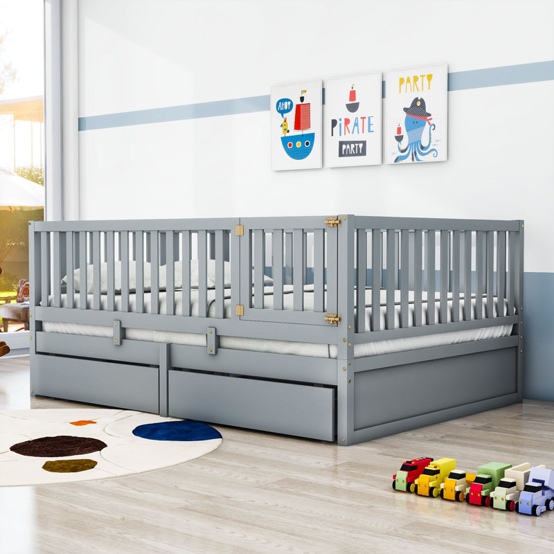 Wood 2 Drawers Floor Bed with Guardrails, Full, Gray
