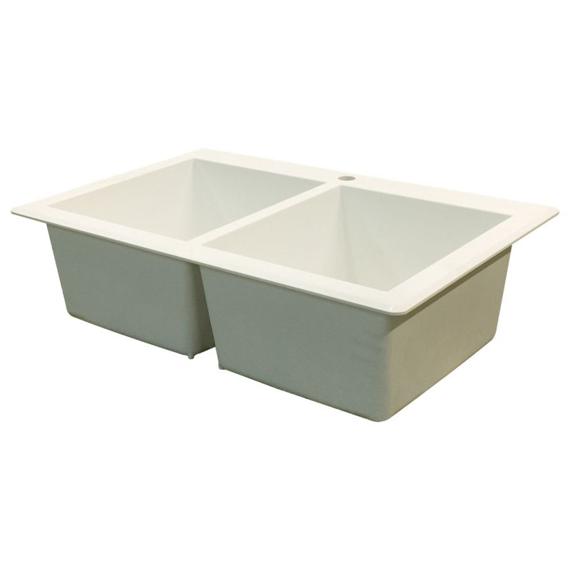 Radius 33.0625'' L Double Bowl Granite Kitchen Sink, White, 1 hole