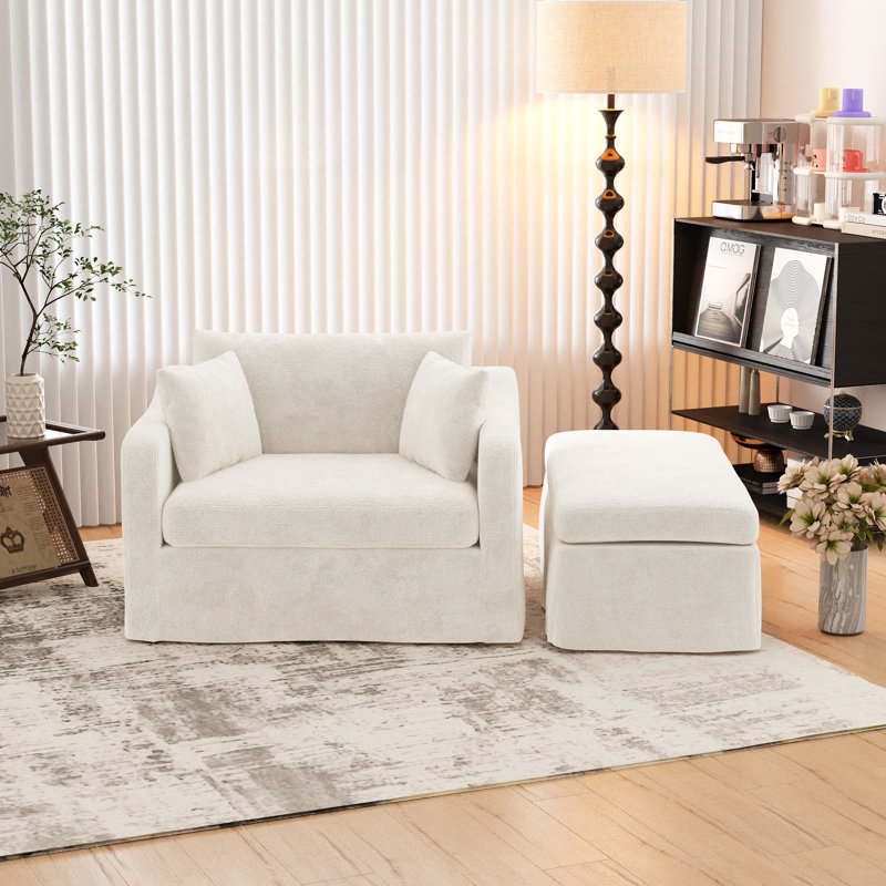 Fauteuil d'appoint rembourré avec repose-pieds en chenille, Beige
