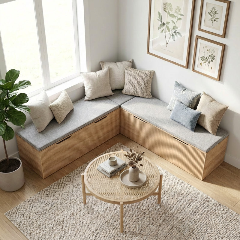 Banc de rangement en L avec coussin, banc d'angle pour salle à manger, cuisine, vestibule, bois naturel, Bois naturel, Beige