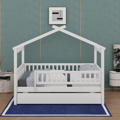 Twin Size Wooden House-Style Bed With Twin Size Pull-Out Trundle, Wood Bed Frame With Roof And Protective Guardrail