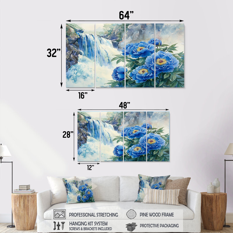 Pivoines par la cascade I - par Art - ensemble de décoration murale traditionnelle, H 28 po x l 48 po, 4