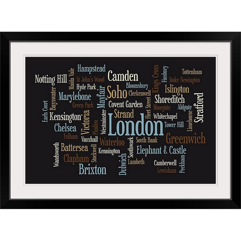 «London Text Map» par Bellen, art textuel, H 24 po x l 32 po x P 1 po, Cadre noir