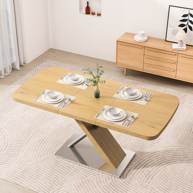 Table de salle à manger carrée pour 6 personnes, extensible de 47,25 à 63 po, aspect naturel, et table en acier extensible de 63 po, Nuance, 4 à 6 places, fabriquée