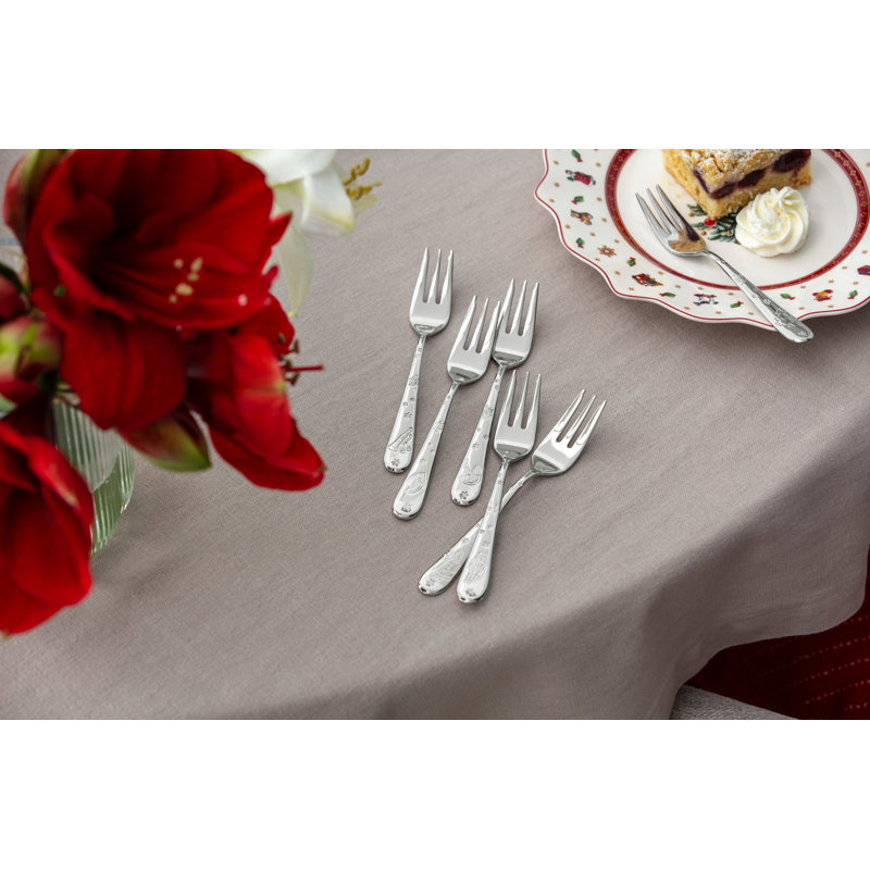 Villeroy & Boch Toy's Delight Collection Cake Forks, Set of 6, 18/10 Stainless Steel Flatware with Christmas Design Engraving, 6.25 in