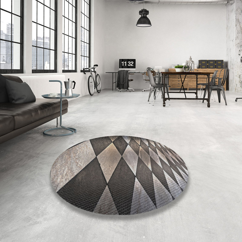 Tapis géométrique brun / gris, Rond 6 pi