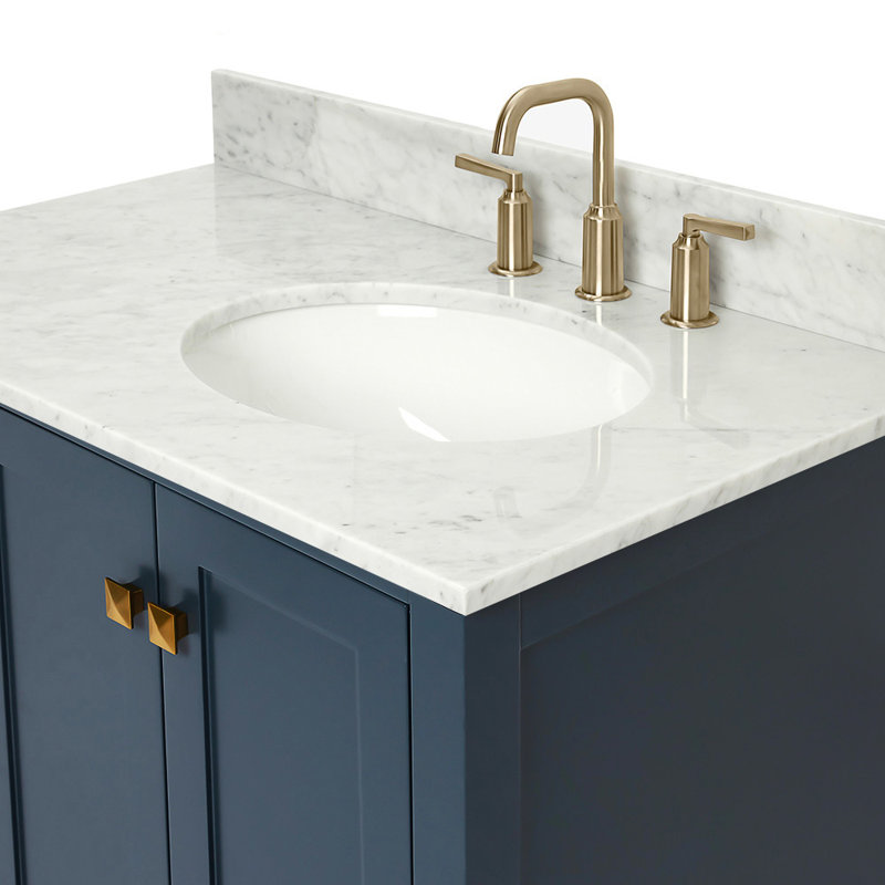 Flynt 37'' Single Bathroom Vanity with Carrara Marble Top, Midnight Blue