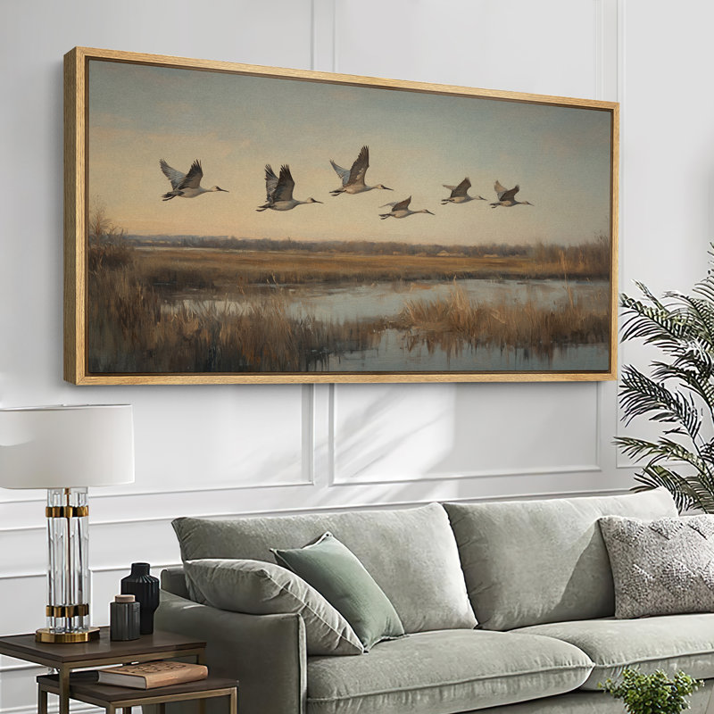 «Flying Cranes Over Marsh», impression sur toile encadrée pour décor rustique et naturel, Naturel, H 30 po x l 60 po