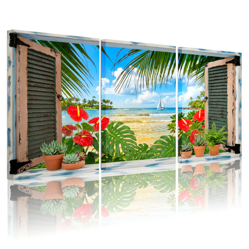 Paysage et nature Scène de plage tropicale avec palmiers et fleurs, H 36 po x l 72 po