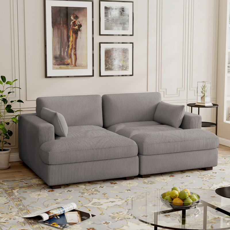 Stoneville 83.85" Wide Modern Upholstered Square Armrests Sofa & Chaise with Solid Wood Leg, Light Gray