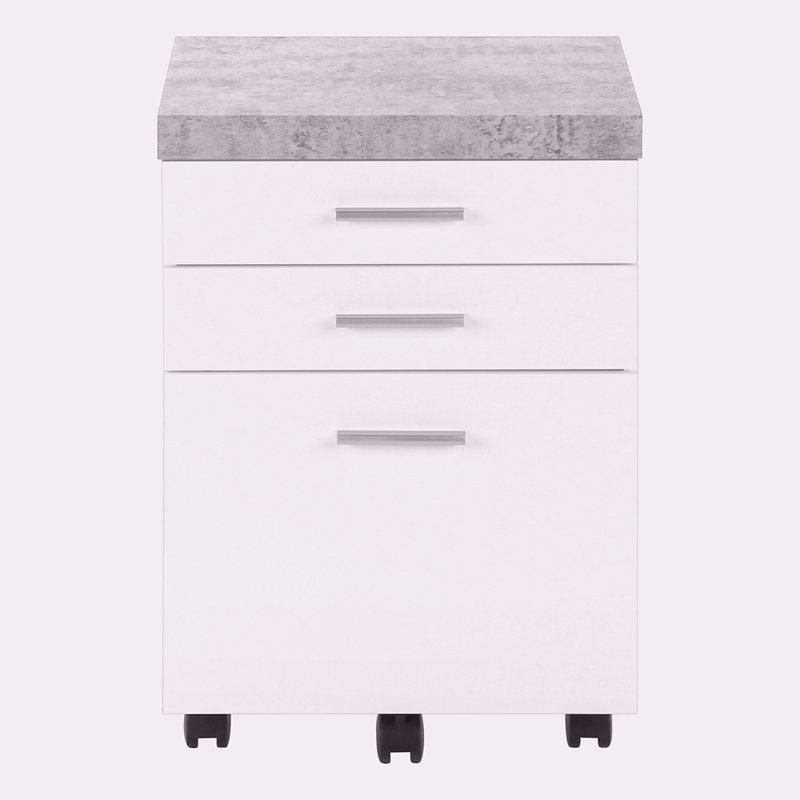 Classeur, mobile roulant, tiroirs de rangement, support d'imprimante, bureau, travail et stratifié de ciment, contemporain, moderne