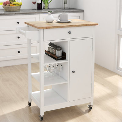 Kitchen Island Trolley With Solid Rubber Wood Tabletop Rolling Door And Removable