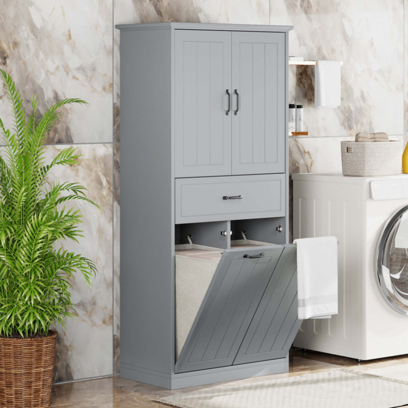 Bathroom Storage Cabinet With Two Laundry Baskets, Storage Cabinet With Doors And Drawer For Home, Grey, Gray