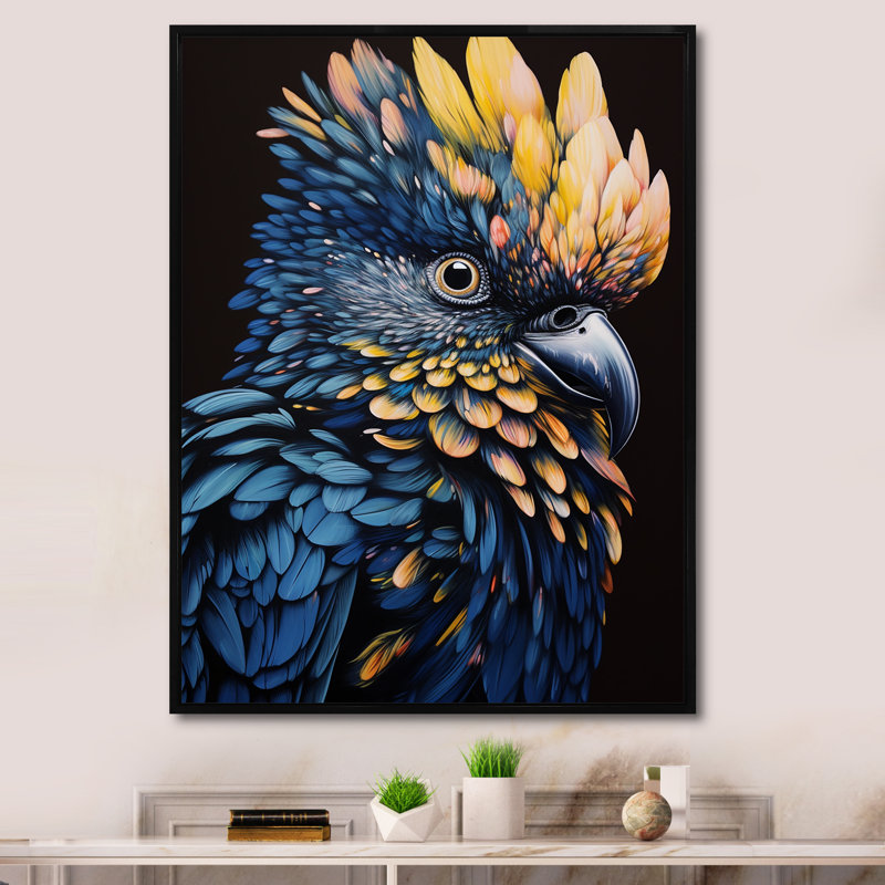 «Blue and Yellow Feathered Majesty Parrot II», art mural perroquet, Cadre flottant noir, H 44 po x l 34 po x P 1,5 po
