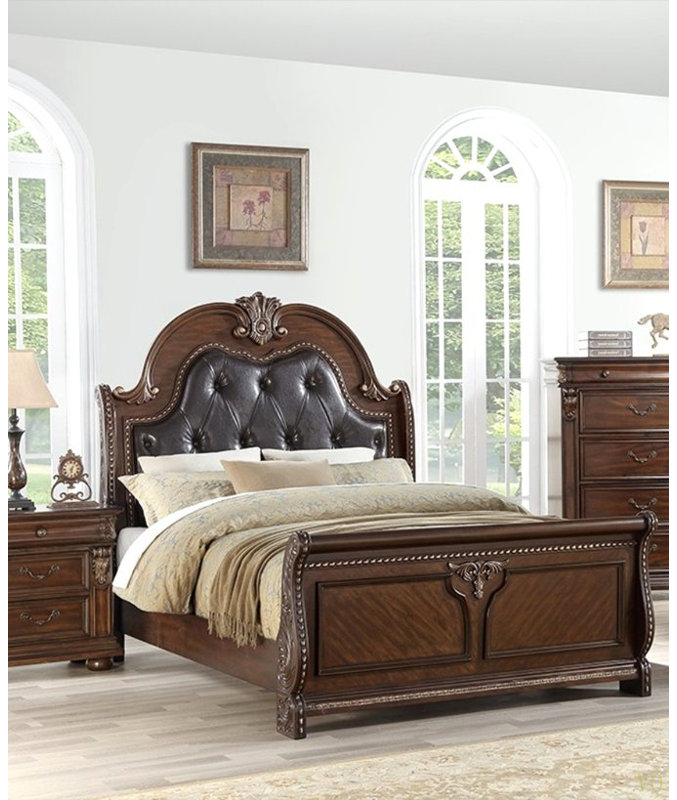 Mobilier de chambre à coucher de style traditionnel avec lit capitonné et lit capitonné, Grand lit