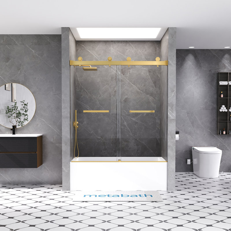 56"-60" W X 66" H Double Sliding Frameless Tub Door with 5/16" (8mm) Tempered Clear Glass, Brushed Gold