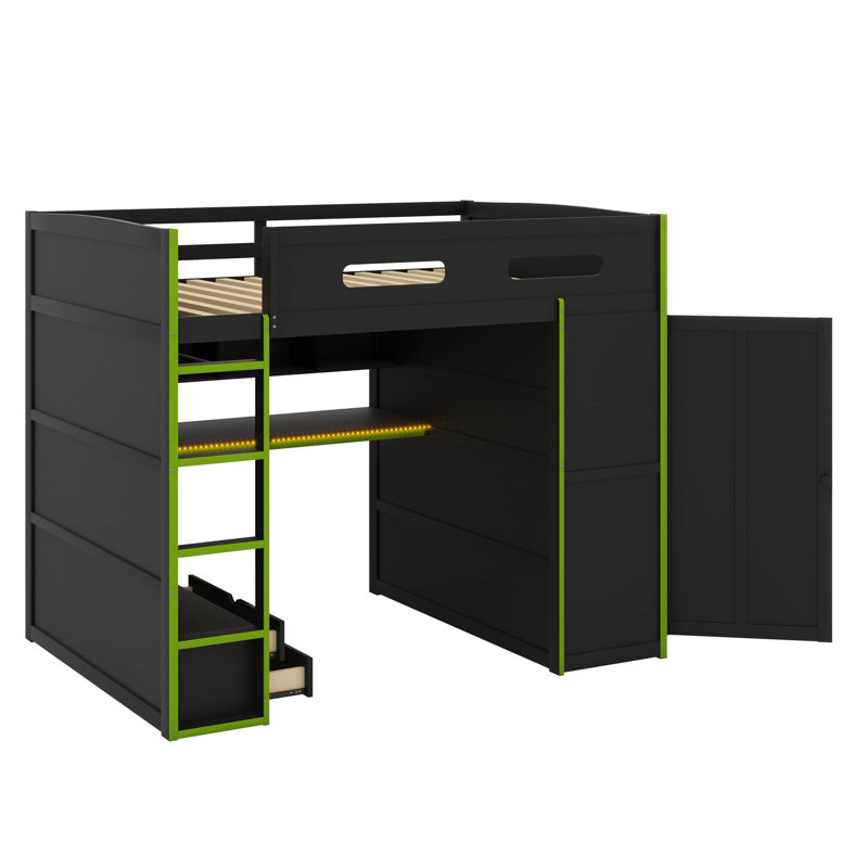 Lit mezzanine double en bois avec poste de travail intégré, garde-robe, rangement spacieux et éclairage DEL, Vert