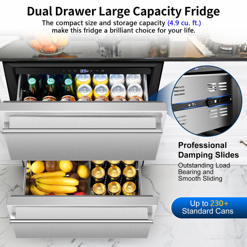 24 Inch Beverage Refrigerator Freestanding or Built-In, Holds 230 Cans, Under Counter Drawer Cooler Fridge with LED Light and 2 Grid Organizer Classic Series