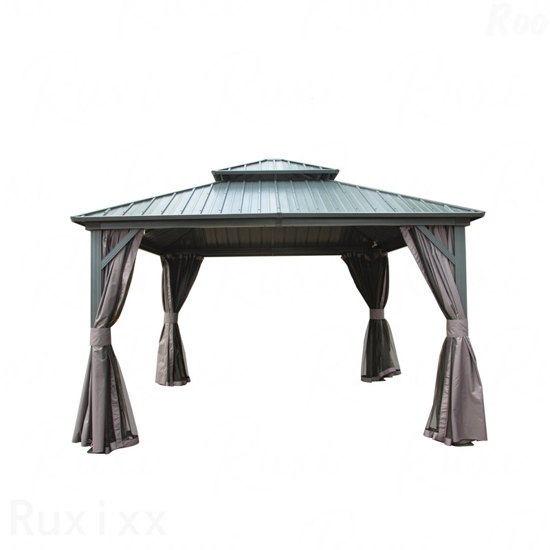 12X12FT Gazebo Aluminum, Mosquito Net For Outdoor Use With Galvanized Steel Double Roof, Gray