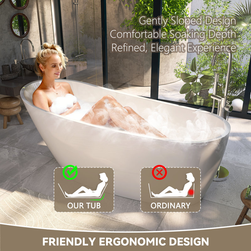 59'' x 29'' Acrylic Freestanding Flatbottom Slipper Soaking Bathtub Gloss White , 59" L x 29 1/8" W x 27 1/2" H