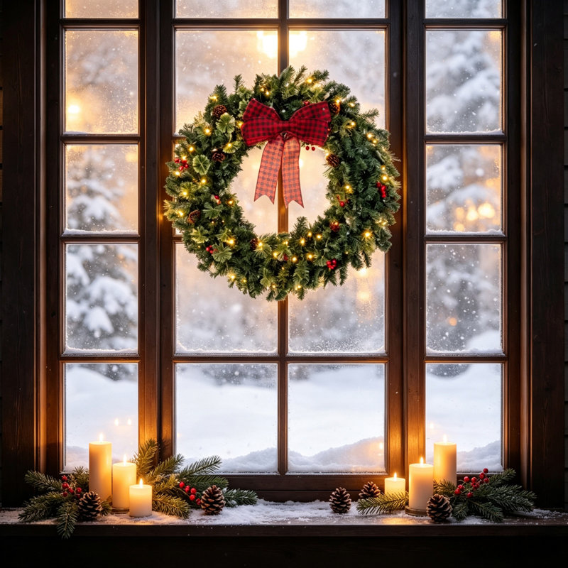 Couronne de Noël Crestwood Spruce pré-illuminée avec nœud, différents modes d'éclairage, baies rouges et pommes de pin