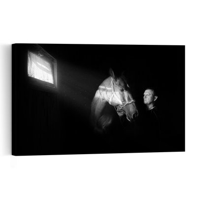 Man And Horse Bond Dramatic Peaceful Contemporary Horse Portrait Wall Art Print by Andrii Kazun - Print