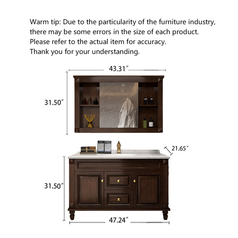 Meuble-lavabo en bois d'hévéa de style américain avec comptoir en marbre et lavabo en céramique intégré American Country