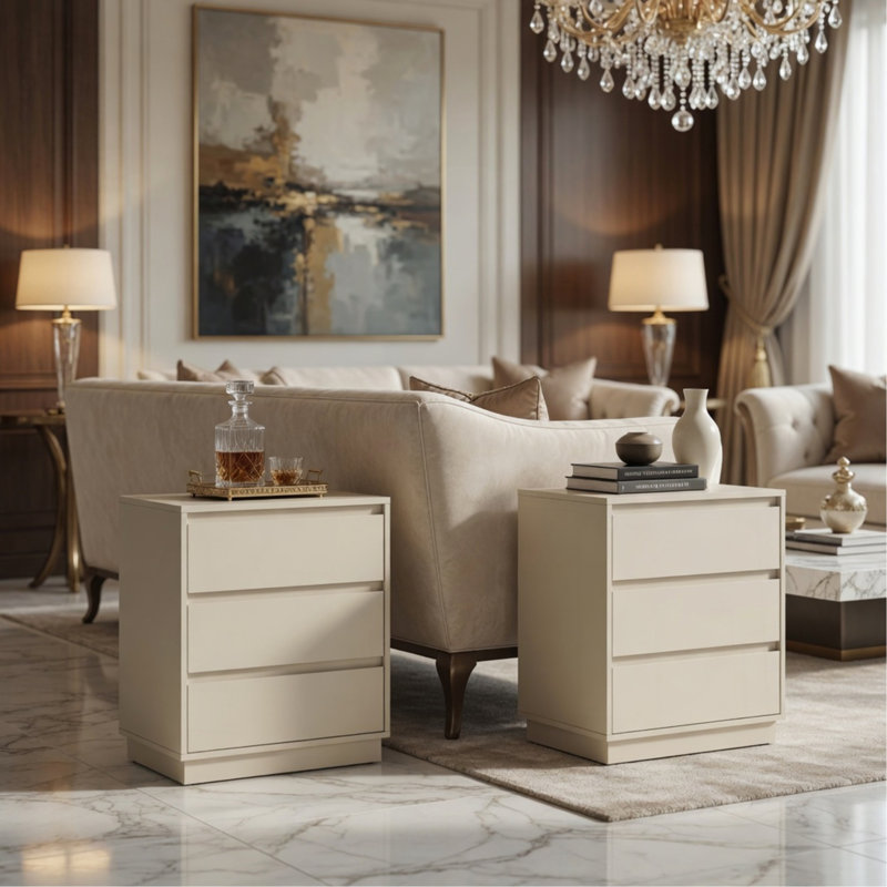 Ensemble de 2 tables de chevet en bois Morden de 23,6 po de large avec 3 tiroirs, Beige