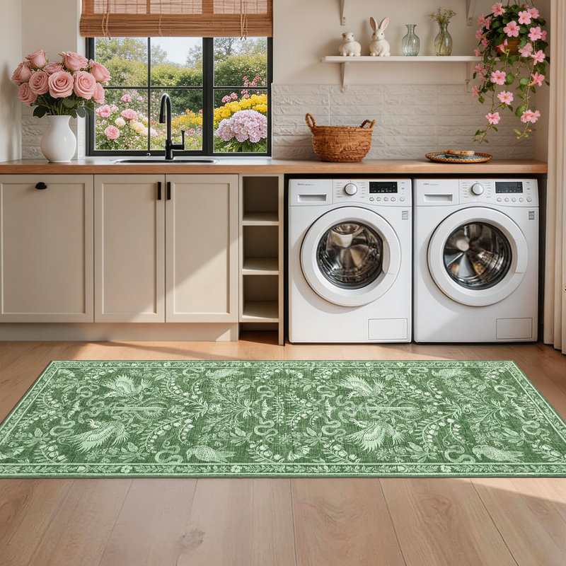Tapis lxt-lavable Tapis lavable à la machine Lavable Boho, Runner 2' x 6', Green