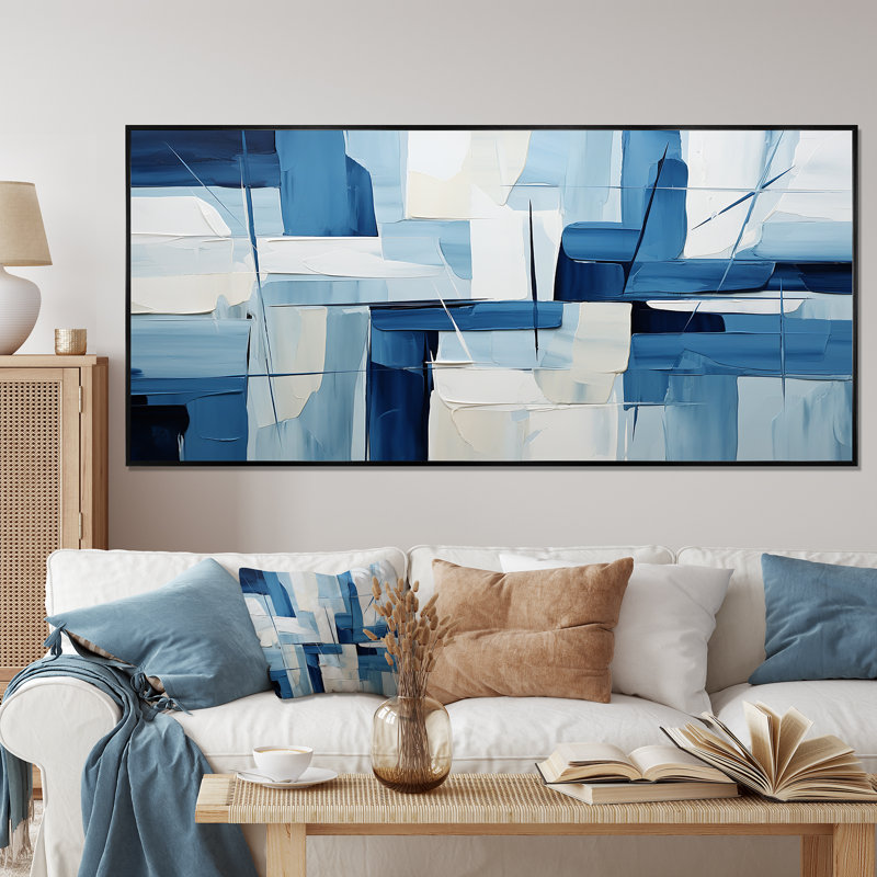 Nautique, formes géométriques blanches et bleues II - art mural géométrique, Cadre flottant noir, H 16 po x l 32 po x P 1 po