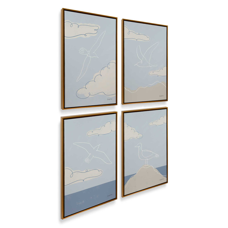 Chill Seagulls, ensemble de 4 impressions, 18 po x 12 po, Toile avec cadre, Or poli