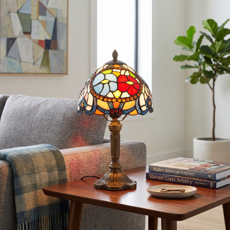 14.17 In Circle Bead Tiifany Style Table Lamp, Colorful Glass Shade Bedside Lamp (E26 Warm Bulb Included)