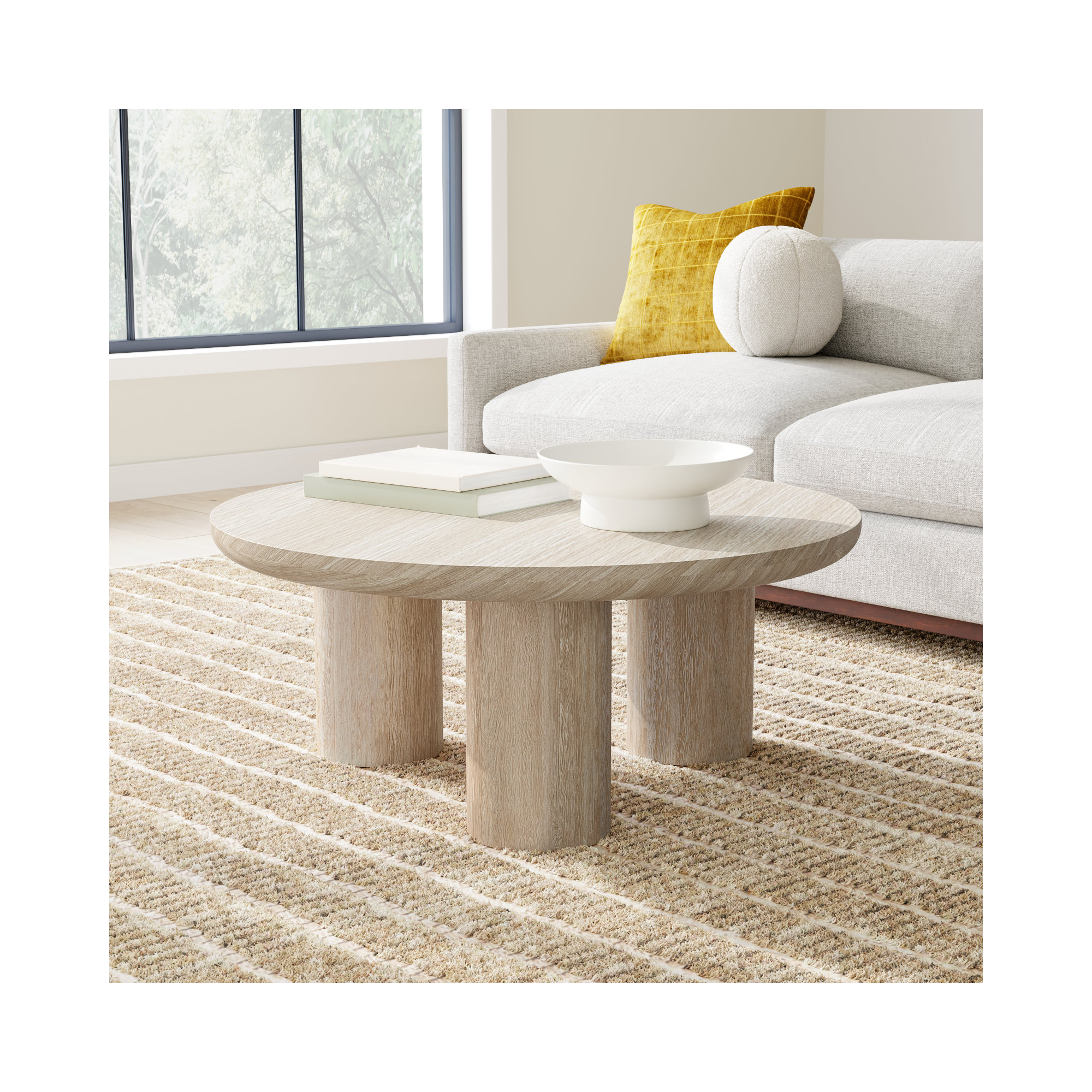 Columnia Solid Wood 3 Legs Coffee Table, White Wash
