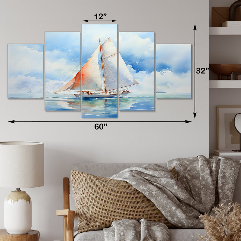 «Coastal Serenity», aquarelle, voilier à l'horizon I - bateau à voile, art mural multi-panneaux