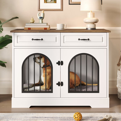 Meuble pour chien de 43,3 po, cage intérieure robuste pour chien avec 2 tiroirs de rangement, cage pour chien avec portes latérales pour chiens de taille moyenne, cage pour chien de table de bout, blanc et brun