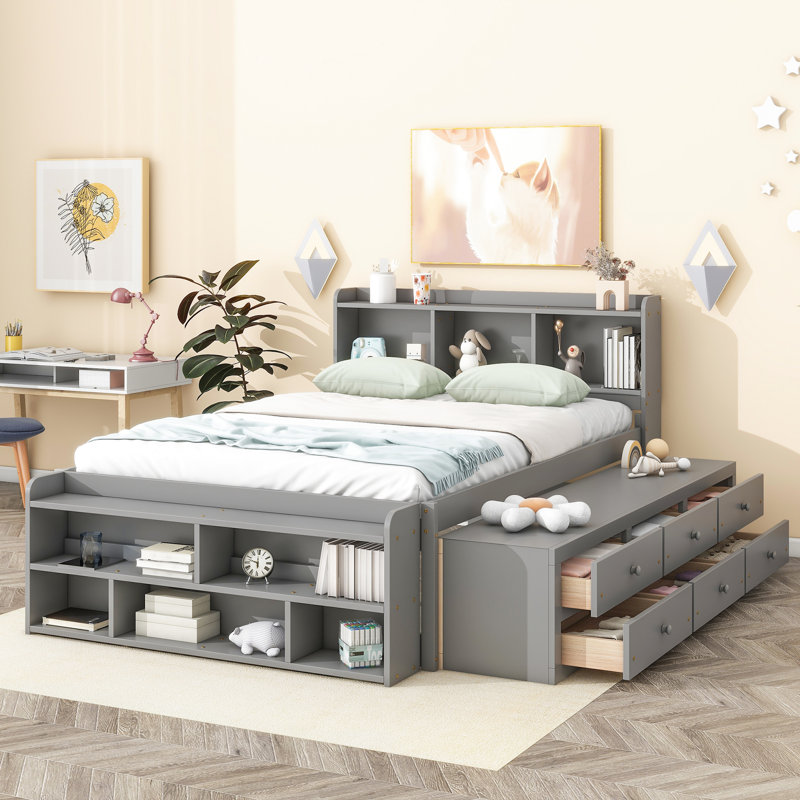 Lit double gris avec tête de lit et rangement sous le lit avec options de bibliothèque durables
