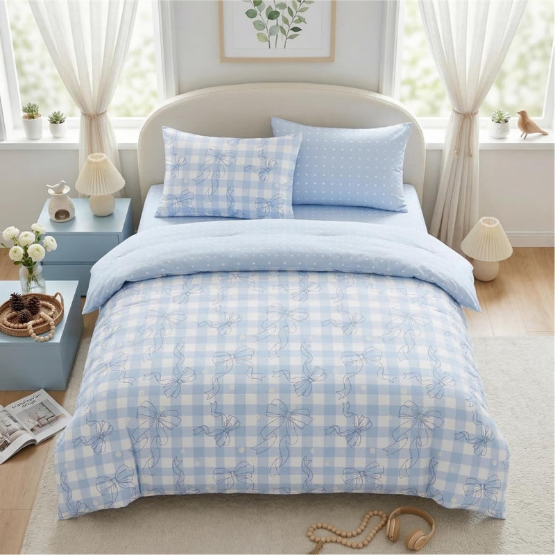 Ensemble d'édredon à carreaux bleu clair et blanc à motif de nœuds, Édredon grand + 2 taies d'oreiller standard